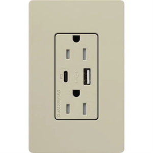 Lutron SCR-15-ACTR-CY Claro 15A Dual Type A and C USB Receptacle, Tamper Resistant in Clay