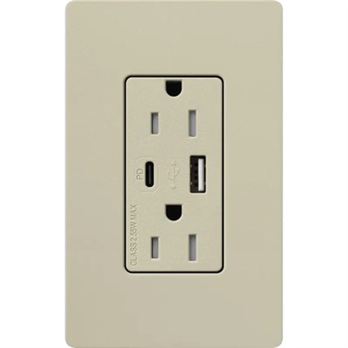 Lutron SCR-15-ACTR-CY Claro 15A Dual Type A and C USB Receptacle, Tamper Resistant in Clay
