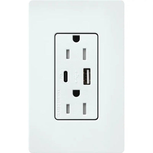 Lutron SCR-15-ACTR-GL Claro 15A Dual Type A and C USB Receptacle, Tamper Resistant in Glacier White