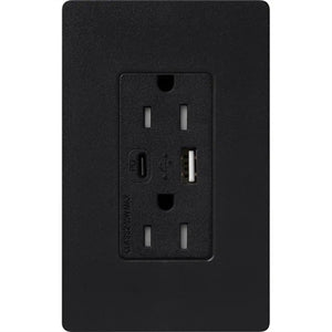 Lutron SCR-15-ACTR-MN Claro 15A Dual Type A and C USB Receptacle, Tamper Resistant in Midnight