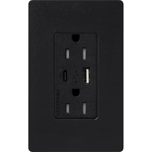 Lutron SCR-15-ACTR-MN Claro 15A Dual Type A and C USB Receptacle, Tamper Resistant in Midnight