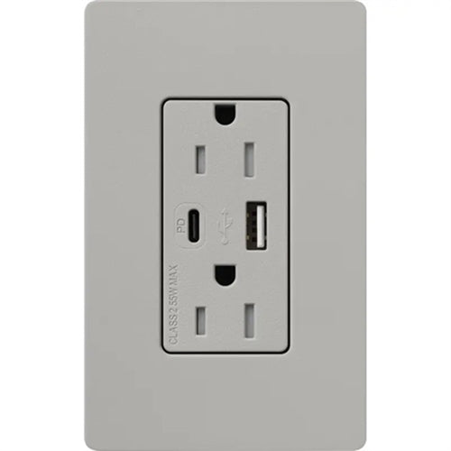 Lutron SCR-15-ACTR-PB Claro 15A Dual Type A and C USB Receptacle, Tamper Resistant in Pebble