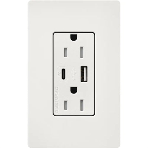 Lutron SCR-15-ACTR-RW Claro 15A Dual Type A and C USB Receptacle, Tamper Resistant in Architectural White