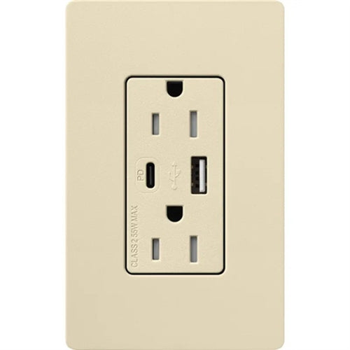 Lutron SCR-15-ACTR-SD Claro 15A Dual Type A and C USB Receptacle, Tamper Resistant in Sand