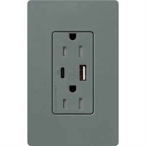 Lutron SCR-15-ACTR-SL Claro 15A Dual Type A and C USB Receptacle, Tamper Resistant in Slate