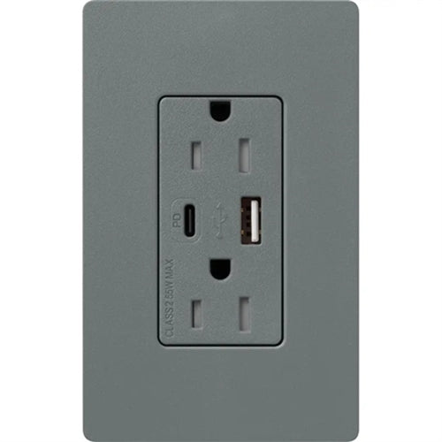 Lutron SCR-15-ACTR-SL Claro 15A Dual Type A and C USB Receptacle, Tamper Resistant in Slate