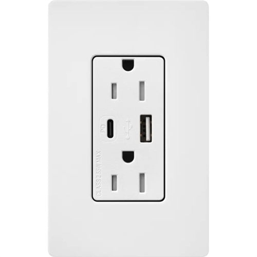 Lutron SCR-15-ACTR-SW Claro 15A Dual Type A and C USB Receptacle, Tamper Resistant in Snow