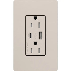 Lutron SCR-15-ACTR-TP Claro 15A Dual Type A and C USB Receptacle, Tamper Resistant in Taupe