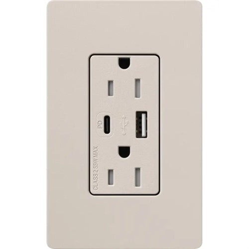 Lutron SCR-15-ACTR-TP Claro 15A Dual Type A and C USB Receptacle, Tamper Resistant in Taupe