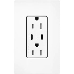 Lutron SCR-15-CCTR-BW Claro Satin 15A Dual Type USB Type C and C USB Receptacle, Tamper Resistant in Brilliant White