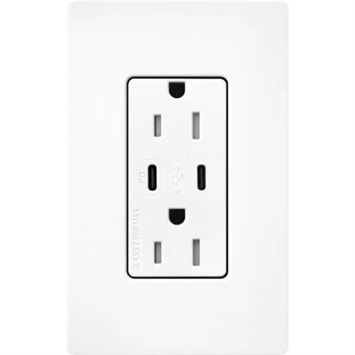 Lutron SCR-15-CCTR-BW Claro Satin 15A Dual Type USB Type C and C USB Receptacle, Tamper Resistant in Brilliant White