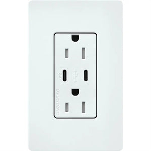 Lutron SCR-15-CCTR-GL Claro Satin 15A Dual Type USB Type C and C USB Receptacle, Tamper Resistant in Glacier White