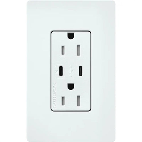 Lutron SCR-15-CCTR-GL Claro Satin 15A Dual Type USB Type C and C USB Receptacle, Tamper Resistant in Glacier White