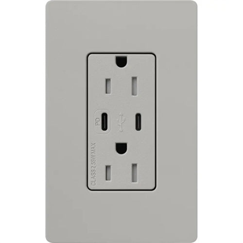 Lutron SCR-15-CCTR-PB Claro Satin 15A Dual Type USB Type C and C USB Receptacle, Tamper Resistant in Pebble