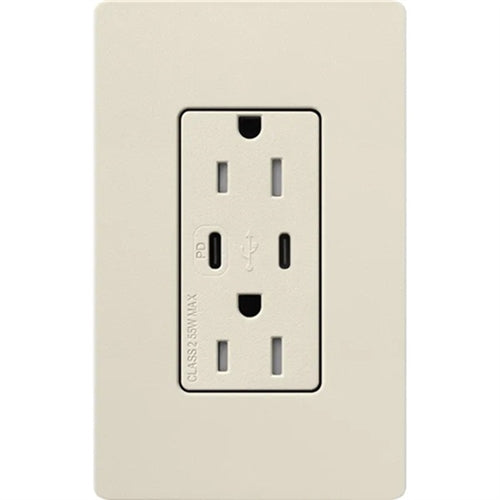 Lutron SCR-15-CCTR-PM Claro Satin 15A Dual Type USB Type C and C USB Receptacle, Tamper Resistant in Pumice