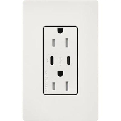 Lutron SCR-15-CCTR-RW Claro Satin 15A Dual Type USB Type C and C USB Receptacle, Tamper Resistant in Architectural White