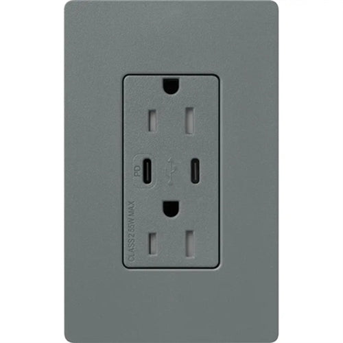 Lutron SCR-15-CCTR-SL Claro Satin 15A Dual Type USB Type C and C USB Receptacle, Tamper Resistant in Slate