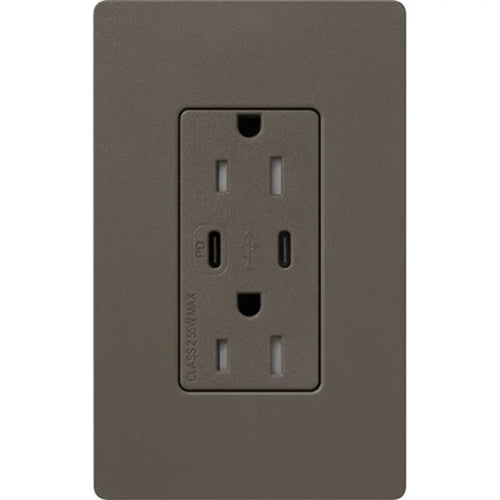 Lutron SCR-15-CCTR-TF Claro Satin 15A Dual Type USB Type C and C USB Receptacle, Tamper Resistant in Truffle