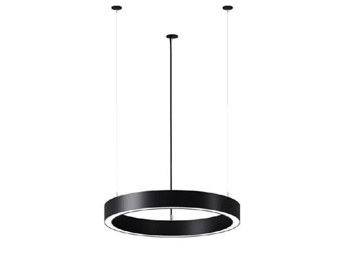 Neo Ray DFN2DP-RG3F0060DS940-FLL-1DUDD-SC04T1B 2" Define Geo Ring, Direct Susp, 3' Ring Pattern, 6000 Lumens, 4000K, 90 CRI, Frosted Lens, Single Circuit, 120-277V, 0-10V, Silver Body, 4' Air Craft Cable Collector, 15/16in T-Grid, Black