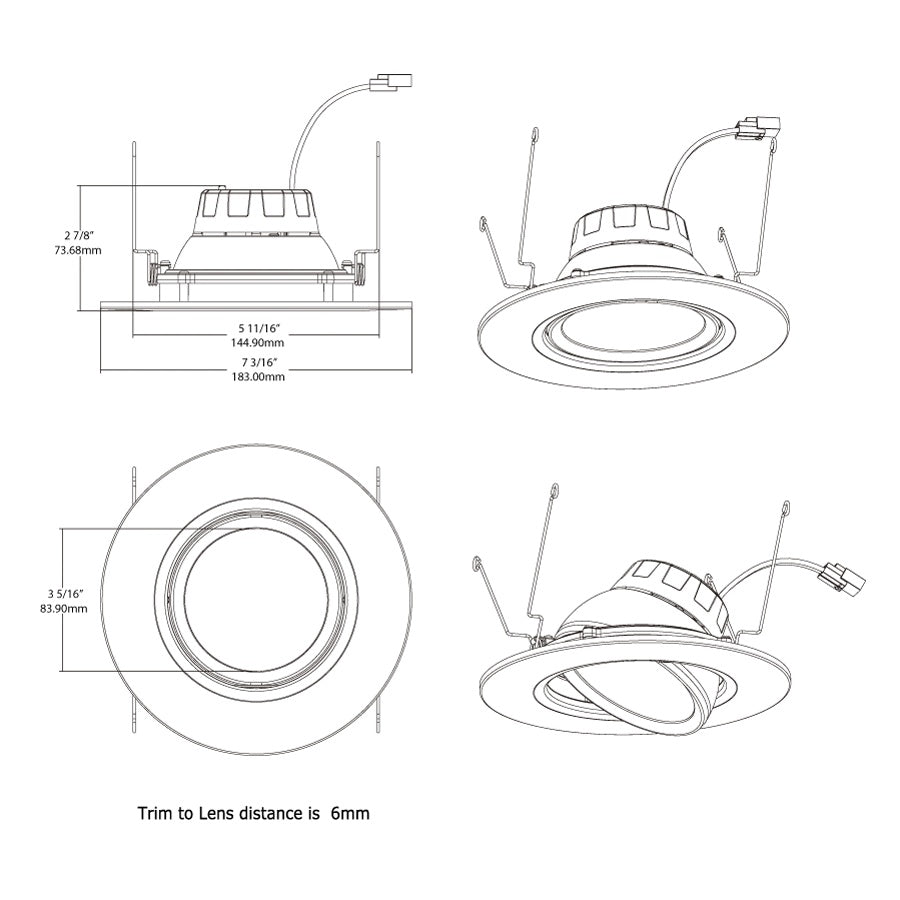 RAB Lighting RA6R119FA120WS 11W 6" LED Round Retrofit Downlight, Adjustable Head, 2700K, 3000K, 3500K, 4000K & 5000K Color Temperature