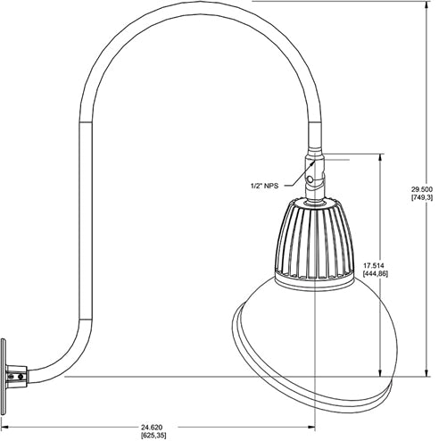 RAB GN3LED13NRAD11W 13W LED Gooseneck Dome Shade with Upcurve 30" High, 25" from Wall Goose Arm, 4000K (Neutral), Rectangular Reflector, 11" Angled Dome Shade, White Finish