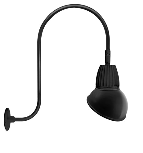 RAB GN3LED26YSAD11B 26W LED Gooseneck Dome Shade with Upcurve 30" High, 25" from Wall Goose Arm, 3000K (Warm), Spot Reflector, 11" Angled Dome Shade, Black Finish