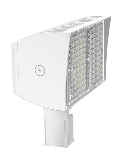 RAB PIPXL70TYW/D10 70W LED PIPXL Floodlight, No Photocell, 3000K (Warm), 10777 Lumens, 73 CRI, 120-277V, 7H x 6V Beam Distribution, Trunnion Mount, Dimmable, DLC Premium Listed, Standard Option, White Finish