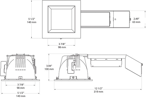 RAB RDLED4S12F-50YN-W-W 4" Square Remodeler LED, 12W, 3500K, 850 Lumens, 90 CRI, 50 Degree Beam Spread, On/Off Non-dimming Driver, White Cone and White Trim
