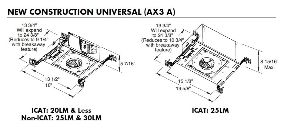 Juno Aculux AX3 A 08LM 30K 90CRI 35D FPC 120 CP ICAT Recessed Lighting 3 inch LED New Construction Adjustable Housing, 800 Lumens, 3000K Color Temperature, 800 Lumens, 35 Degree Flood, Phase Cut Dimming, 5% Dim, 120V , Chicago Plenum