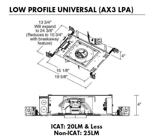 Juno Aculux AX3 LPA 08LM 27K 80CRI 35D EZ1 MVOLT ICAT Recessed Lighting 3 inch Low Profile IC LED New Construction Adjustable Housing, 800 Lumens, 2700K Color Temperature, 80 CRI, 35 Degree Flood, eldoLED 0-10V, 1% Dim, 120-277V